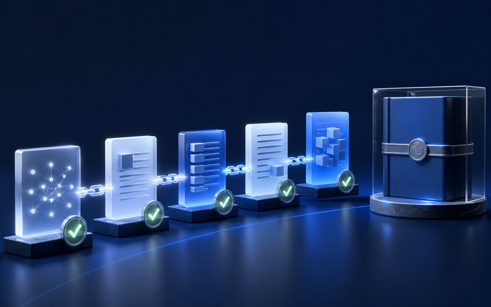 Abstract illustration of a verified chain of records leading into a secure archive