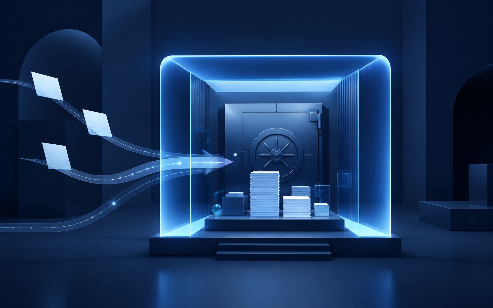 Abstract illustration of privileged documents flowing into a protected local data vault