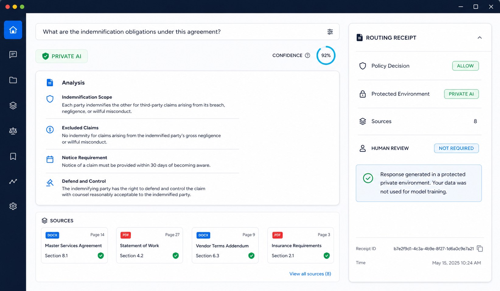 nTier legal AI response showing Private AI residency, source citations, confidence, and a routing receipt