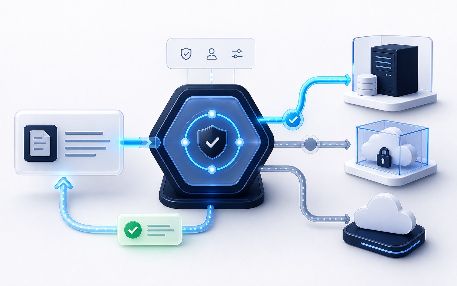 A legal AI request passing through a secure nTier policy gateway and routing to local, private, or approved public AI